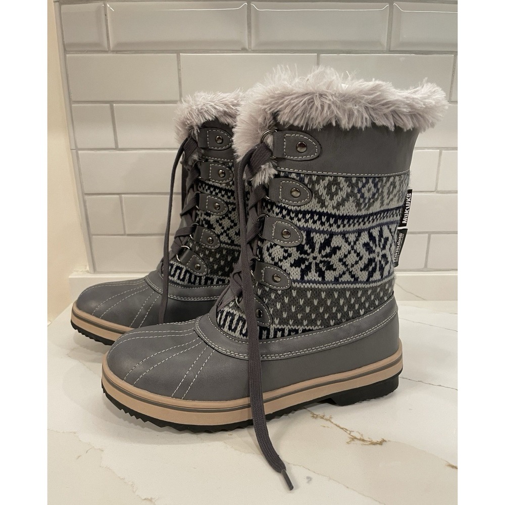 Mukluk Alexa Boots Women Size 6 Grey Lace-up Fair Isle Knit Faux Fur Snow New‎